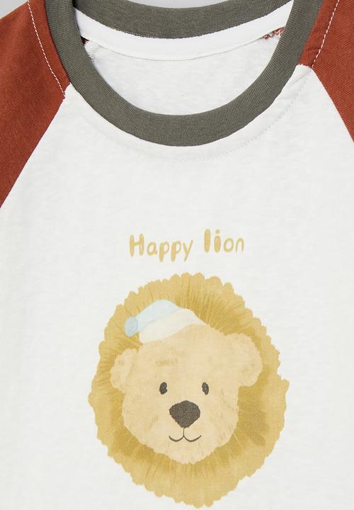 Pop Candy - Raglan sleeve tee with placement print - burnt orange/white/happy lion
