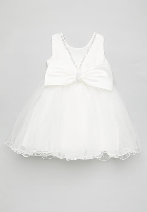 Pop Candy - Pouf occasion dress with pearl beaded neckline & bow hairband - white