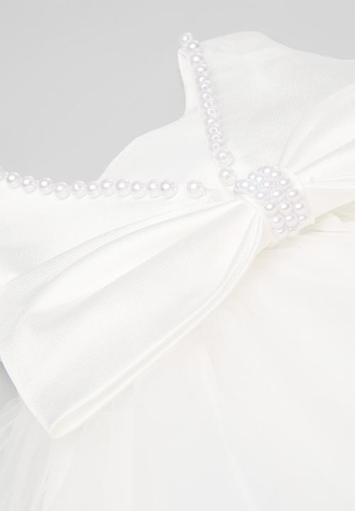 Pop Candy - Pouf occasion dress with pearl beaded neckline & bow hairband - white