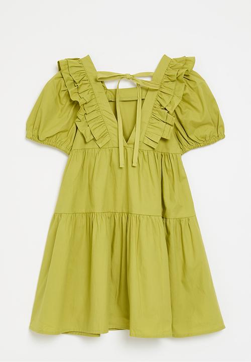 Pop Candy - Tiered dress with ruffled bib front - chartreuse green
