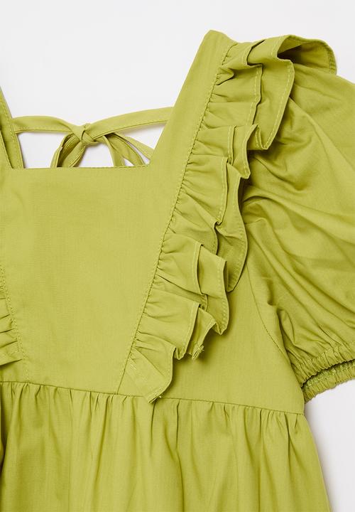 Pop Candy - Tiered dress with ruffled bib front - chartreuse green