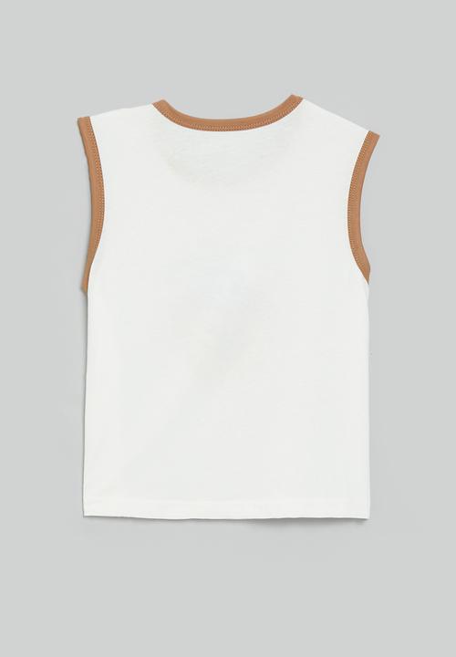Pop Candy - Placement print vest with contrast rib - white/brown/lovely puppy
