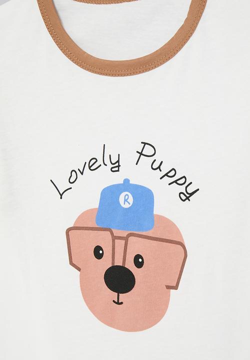 Pop Candy - Placement print vest with contrast rib - white/brown/lovely puppy
