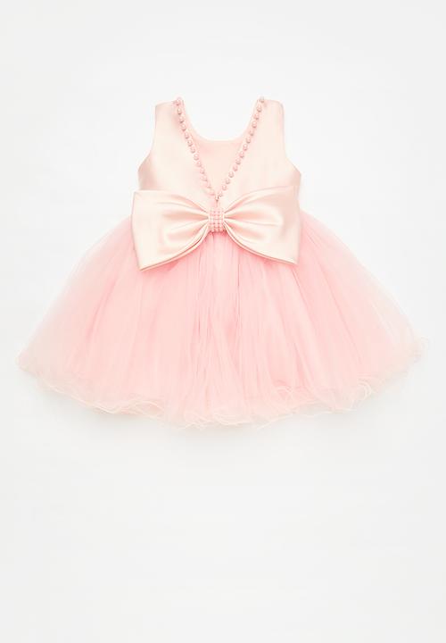 Pop Candy - Pouf occasion dress with pearl beaded neckline & bow hairband - pink