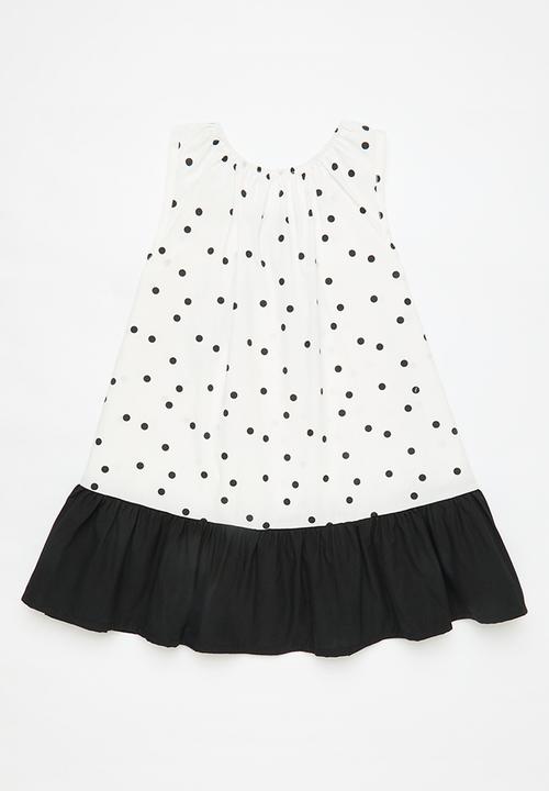 Pop Candy - Tent dress with contrast frilled hem - black/off white/polka dots