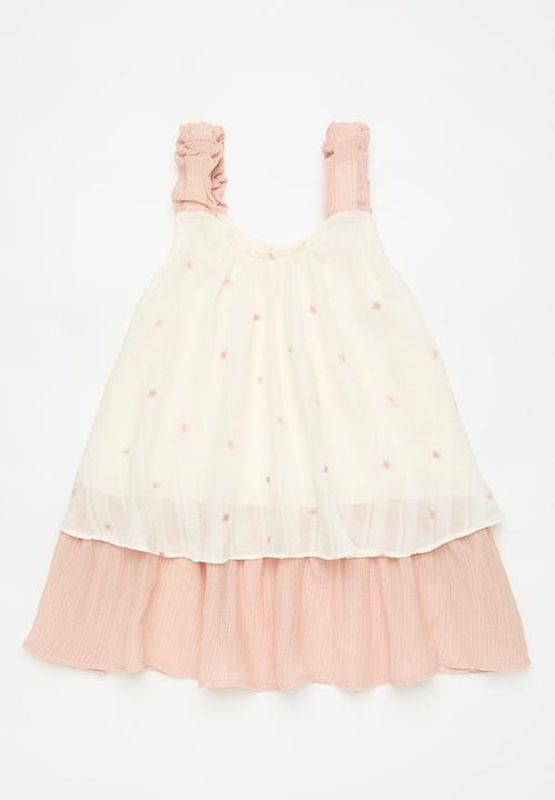 Pop Candy - Contrast tiered dress with elasticated straps - pink/white