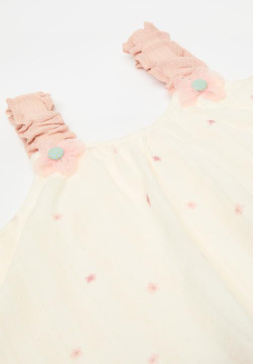 Pop Candy - Contrast tiered dress with elasticated straps - pink/white
