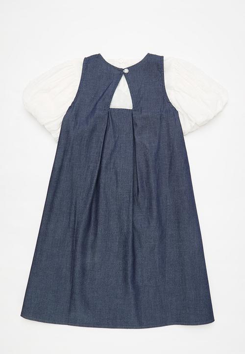 Pop Candy - Pinafore denim dress with front and back pleat detail - blue/white
