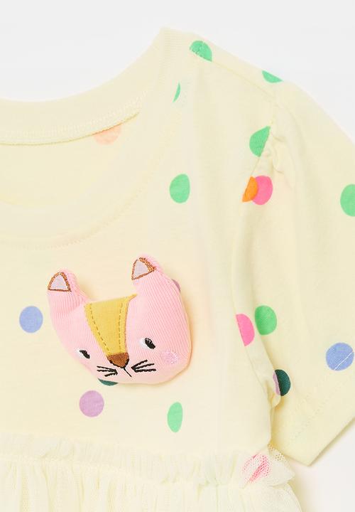 Pop Candy - Combo dress with padded kitten badge - ecru/multi