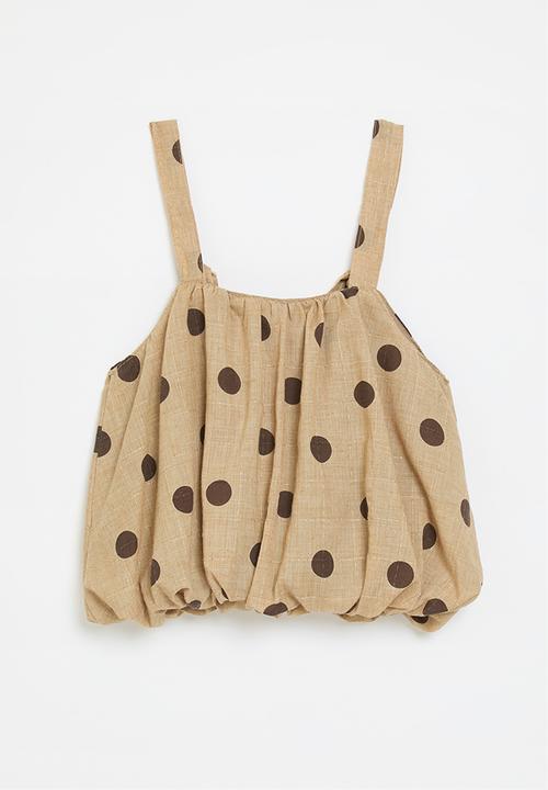 Pop Candy - Bubble hem top - toffee brown/polka dots