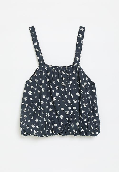 Pop Candy - Printed bubble hem top - navy blue/floral