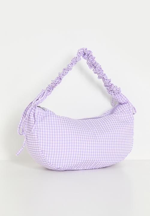 Pop Candy - Crescent moon shoulder bag with elasticated strap - lilac gingham
