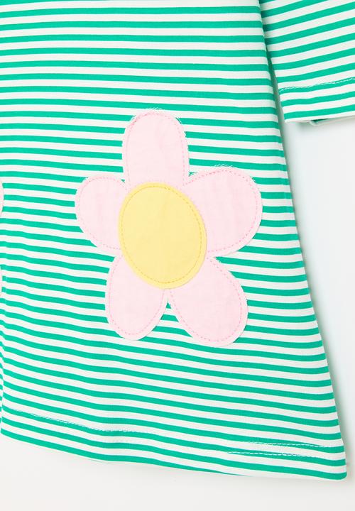 Pop Candy - Green stripe dress with flower applique - multi