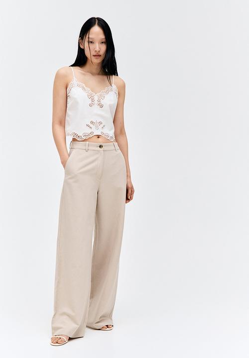 H&M - Wide linen-blend trousers - light beige 