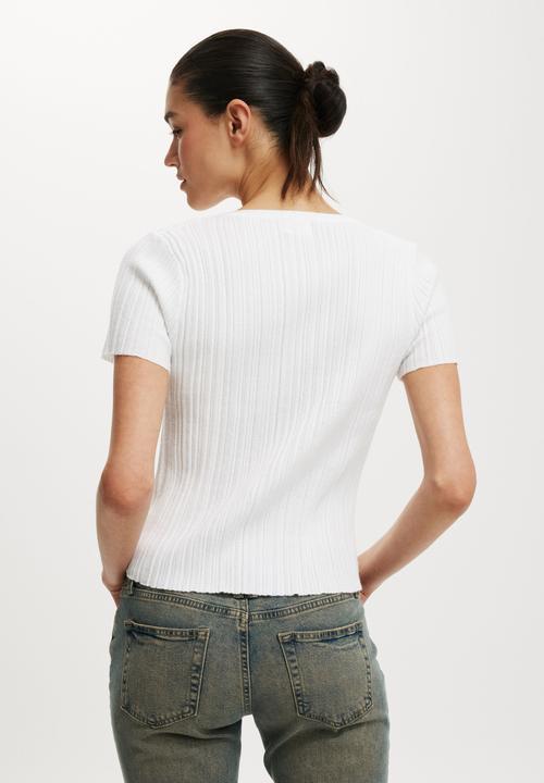 Cotton On - Verigated Rib Knit Shortsleeve Henley - White