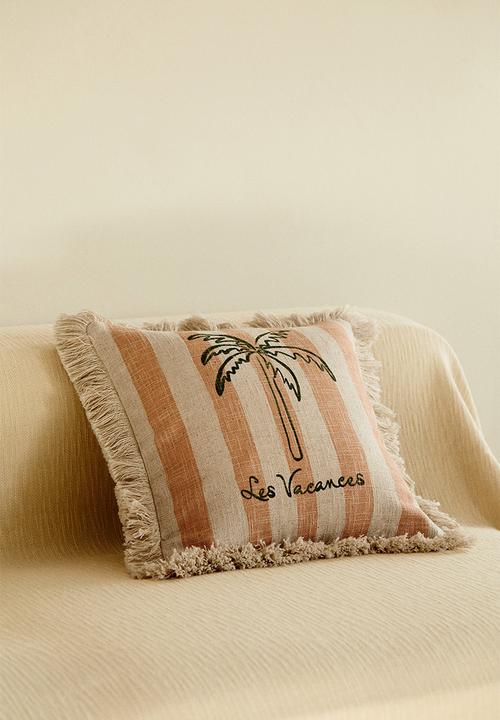 H&M - Fringed linen-blend cushion cover - peach pink/les vacances