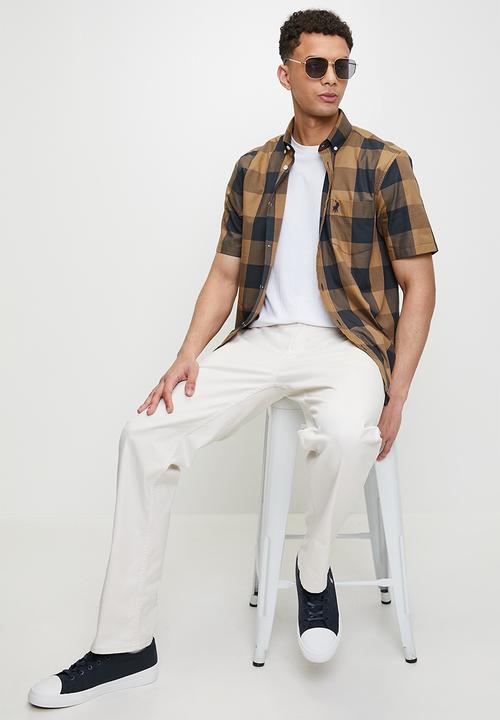 POLO - Boswell short sleeve large check shirt - camel & navy