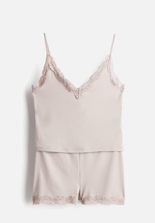 H&M - Lace-trimmed microfibre pyjamas - light dusty pink