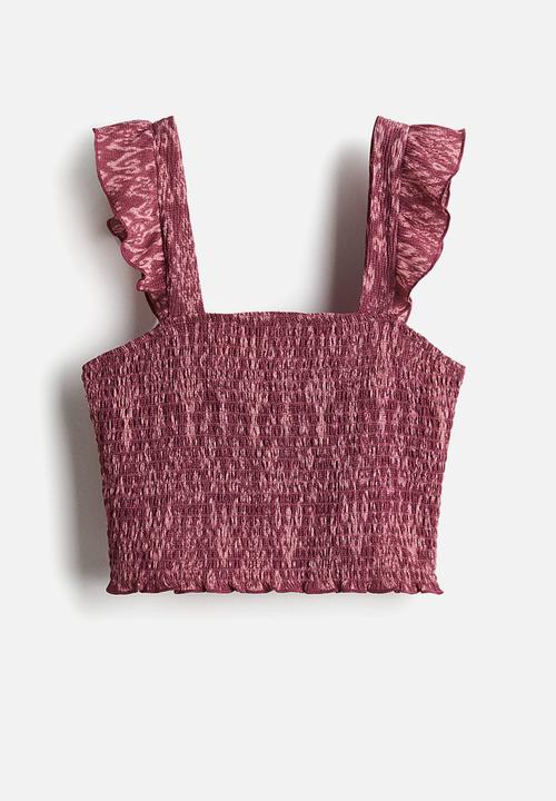 H&M - Smocked cropped top - dark pink patterned