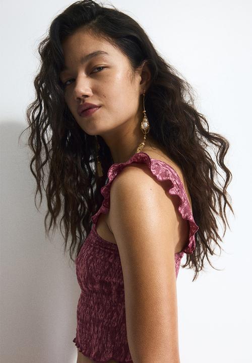 H&M - Smocked cropped top - dark pink patterned