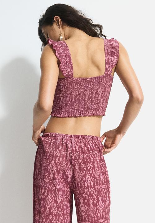 H&M - Smocked cropped top - dark pink patterned