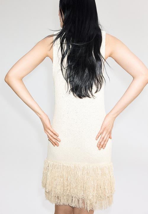 h&m fringe trimmed knitted dress Women's Cream Fringe-trimmed knitted dress