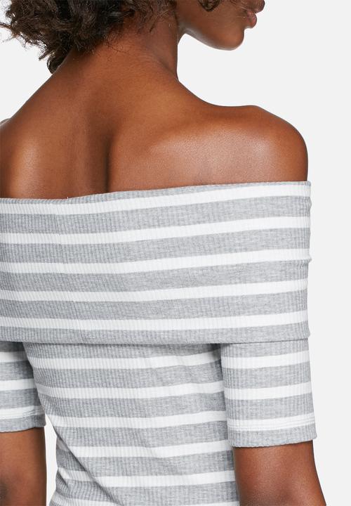dailyfriday - Rib off-shoulder short sleeve striped top