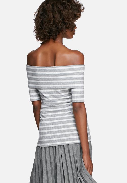 dailyfriday - Rib off-shoulder short sleeve striped top