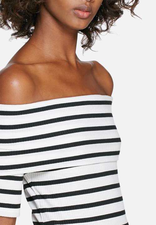 dailyfriday - Rib off-shoulder short sleeve striped top