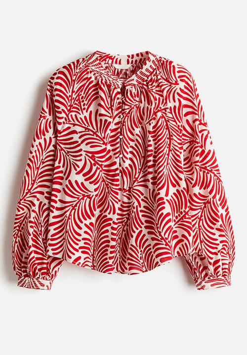 H&M - Band-collar blouse - white/red patterned 