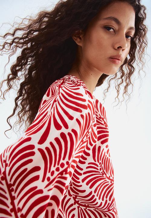H&M - Band-collar blouse - white/red patterned 