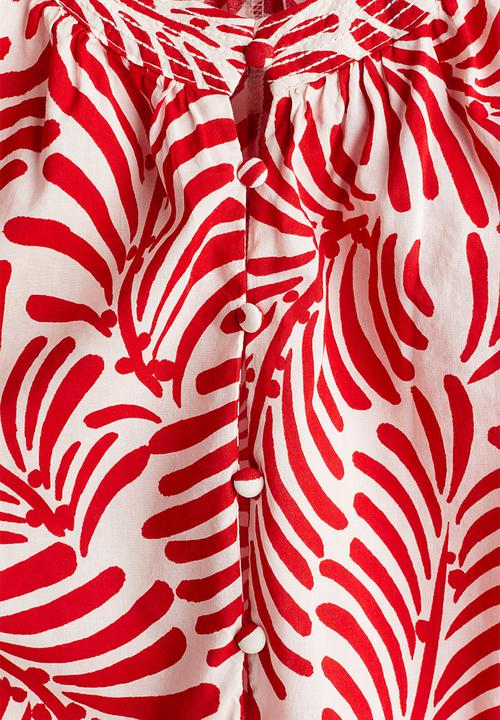 H&M - Band-collar blouse - white/red patterned 
