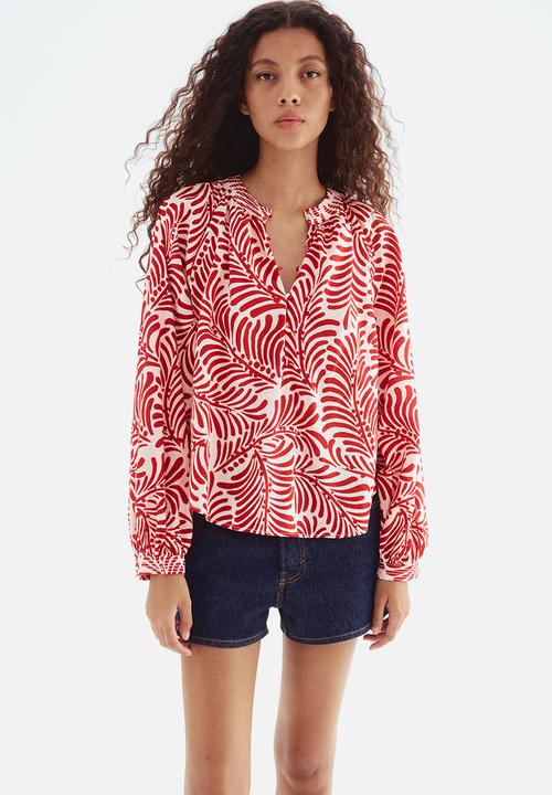 H&M - Band-collar blouse - white/red patterned 