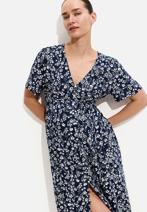 H&M - Mama before & after tie-belt dress - navy blue floral