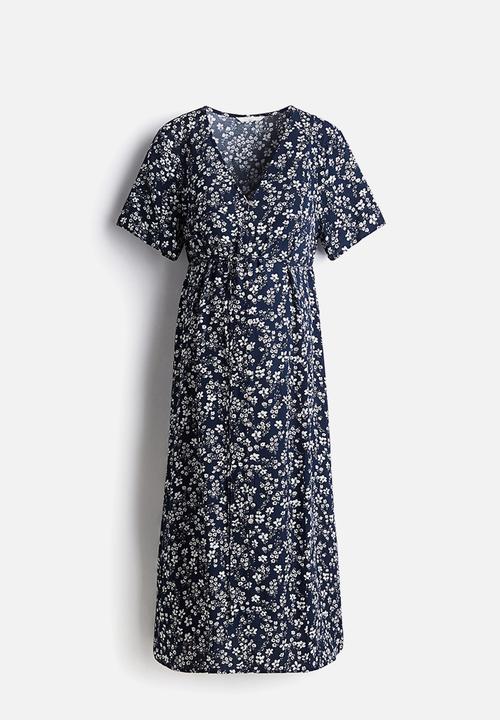 H&M - Mama before & after tie-belt dress - navy blue floral