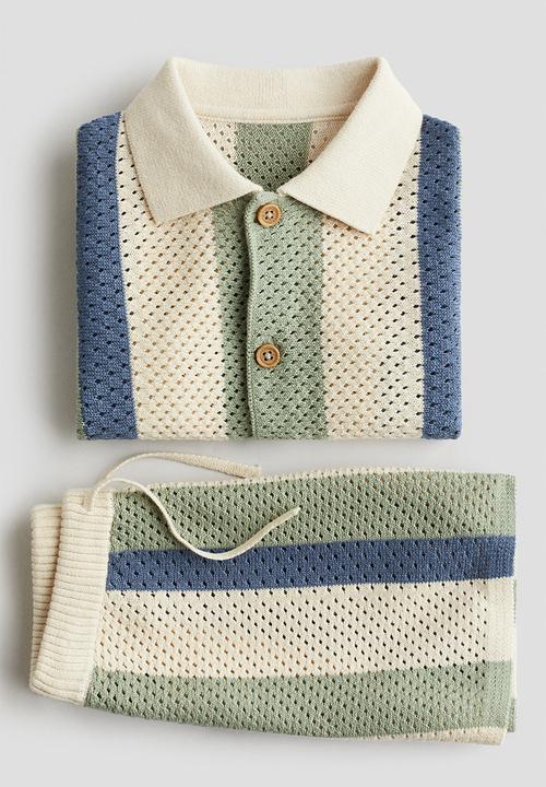 H&M - 2-piece mesh-knit set - dusty green/striped