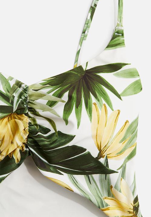 H&M - Padded-cup high-leg swimsuit - green patterned 