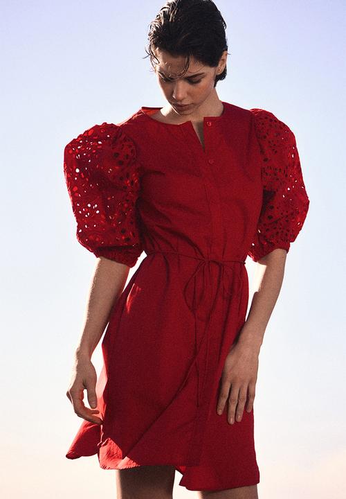 H&M - Broderie anglaise-sleeved dress - red