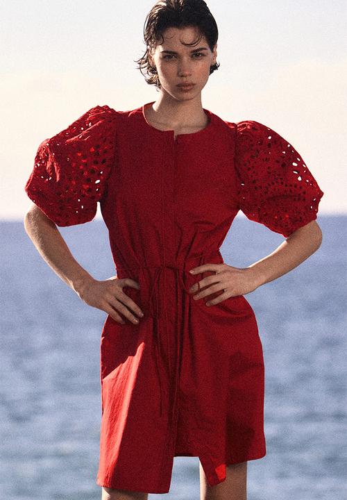 H&M - Broderie anglaise-sleeved dress - red