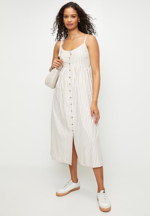 Brave Soul - Ladies Strappy Button Down Stripe Midi Dress - Stone/White
