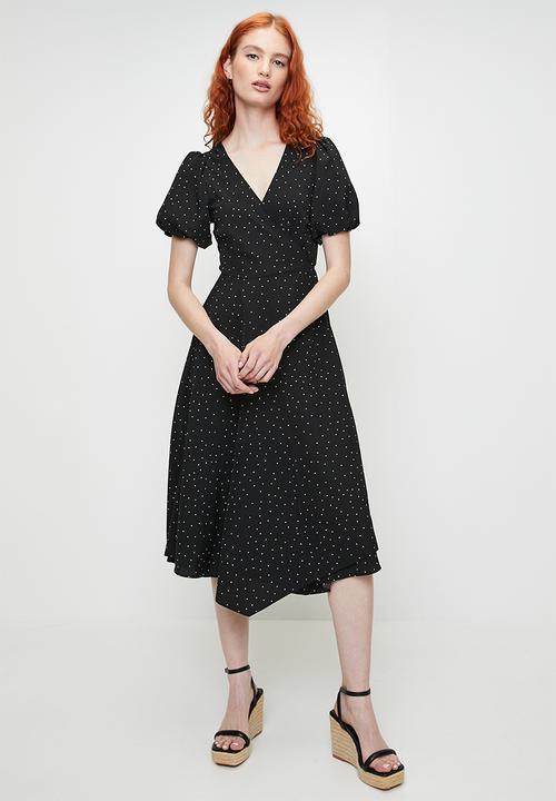 Brave Soul - V-Front Wrap Midi Dress - Black/White Spot