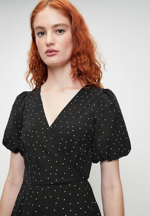 Brave Soul - V-Front Wrap Midi Dress - Black/White Spot