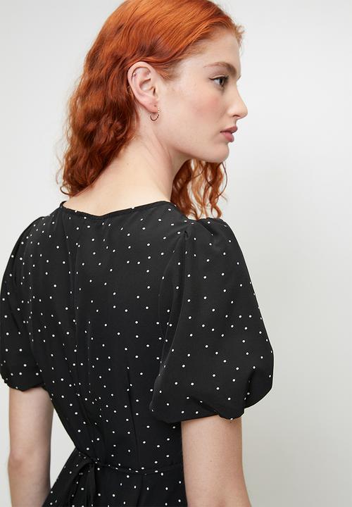 Brave Soul - V-Front Wrap Midi Dress - Black/White Spot