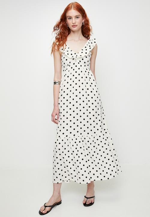 Ladies V Neck Polka Dot Maxi DressWith Frill Sleeve - Cream/Black45