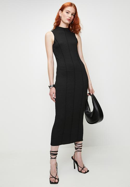 Brave Soul - Ladies High Neck Textured Jersey Sleeveless Maxi Dress - Black