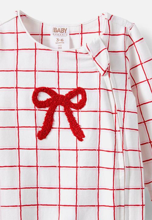 Cotton On - The long sleeve zip romper - vanilla/varsity red bow check