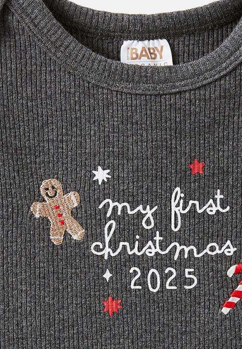 Cotton On - Organic Pointelle Long Sleeve Bubbysuit - Charcoal Marle/My First Christmas 2025
