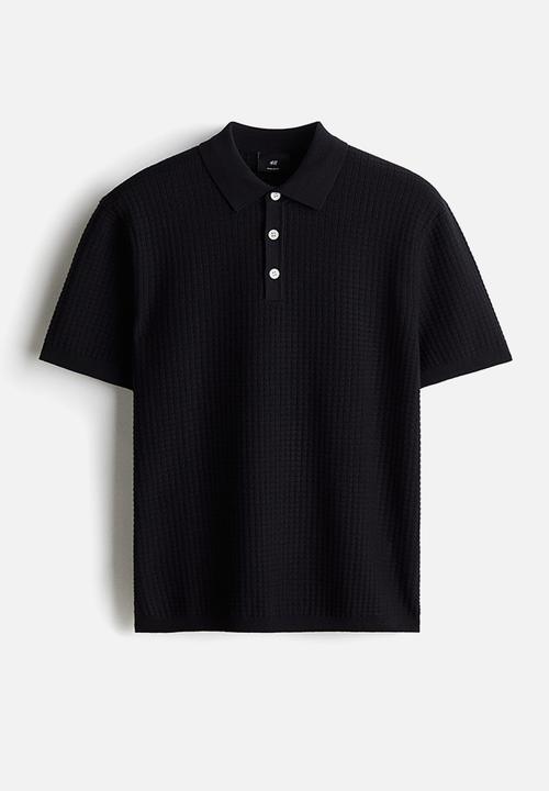 H&M - Regular fit textured-knit polo shirt - navy blue 