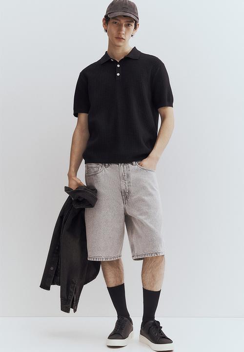 H&M - Regular fit textured-knit polo shirt - navy blue 