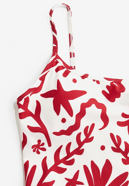 H&M - Padded-cup high leg swimsuit - white & dark red patterned